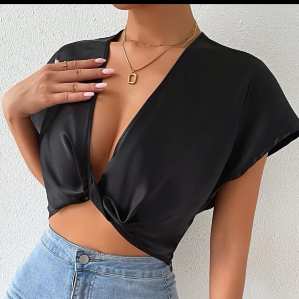 Solid Twist Front Dolman Sleeve Satin Blouse